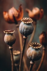 Close-up of dried poppy seed pods with intricate textures and warm tones, surrounded by blurred floral elements, creating a captivating natural composition