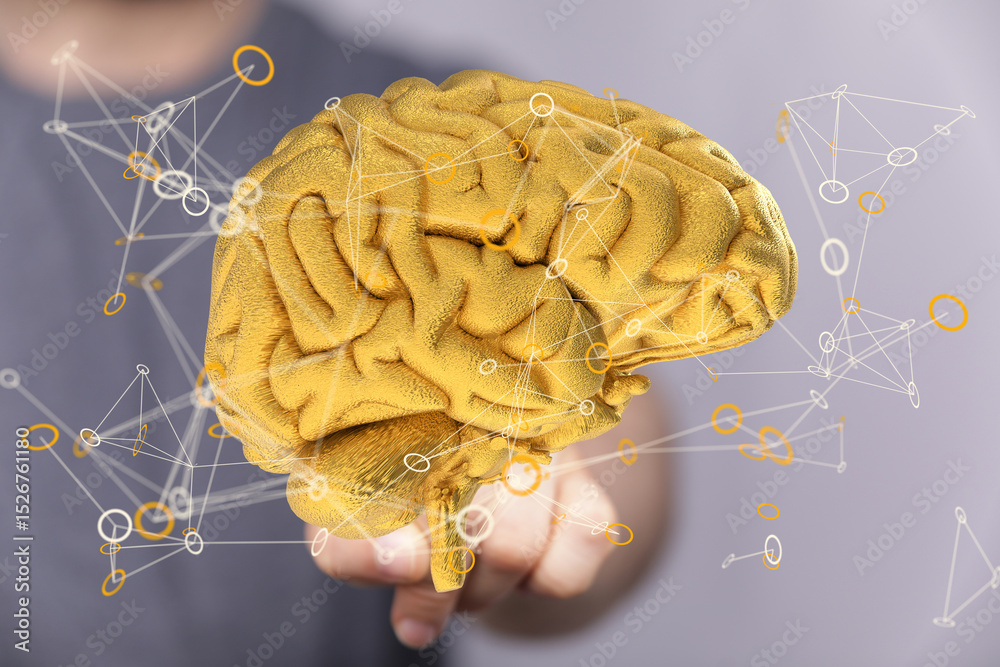 Poster 3D golden brain model, representing neural networks and interconnectedness. Ideal for AI, technology, and neuroscience concepts.