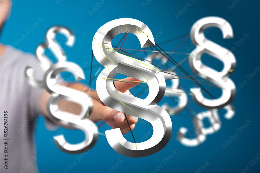 Poster 3D rendering of interconnected paragraph symbols, illustrating legal networks and connections.