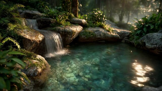 calm peaceful nature pond with stream in deep forest with sunlight 