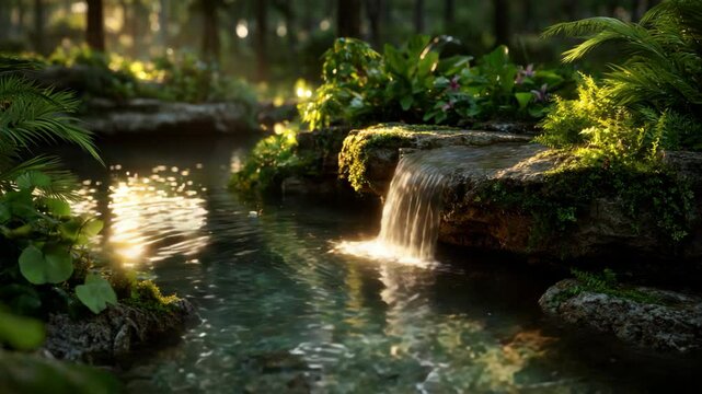 calm peaceful nature pond with stream in deep forest with sunlight 