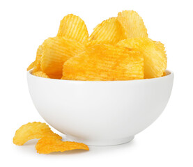 Tasty potato chips in bowl isolated on white