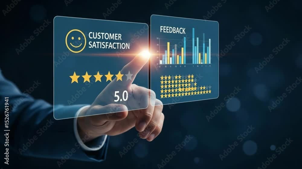 Aufkleber hand interacting with customer satisfaction interface showing stars and feedback graphs