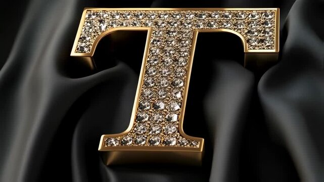 Gleaming gold letter t with diamonds on luxurious black fabric in motion