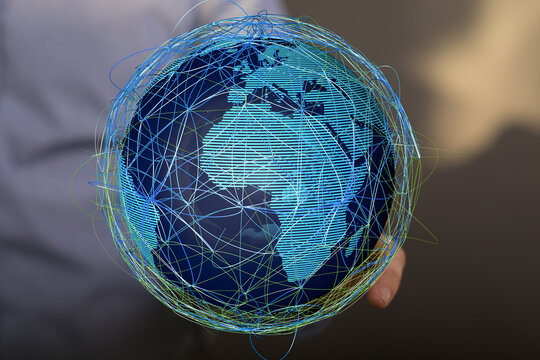 Digital world map, global communication, internet connections, data transfer, network technology.