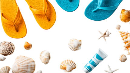 Flat lay of flip-flops, seashells png 
