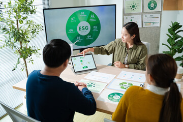 Young Asian business team discussion reusable product in office,start up eco-friendly business,environmental protection,sustainable business model,ESG strategy,team meeting,people work at home concept