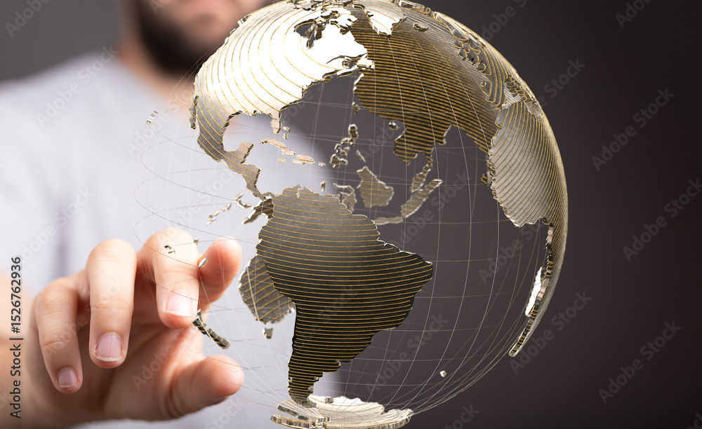 Fototapete High-quality stock photo of a hand interacting with a digital globe, representing global connections and networking.