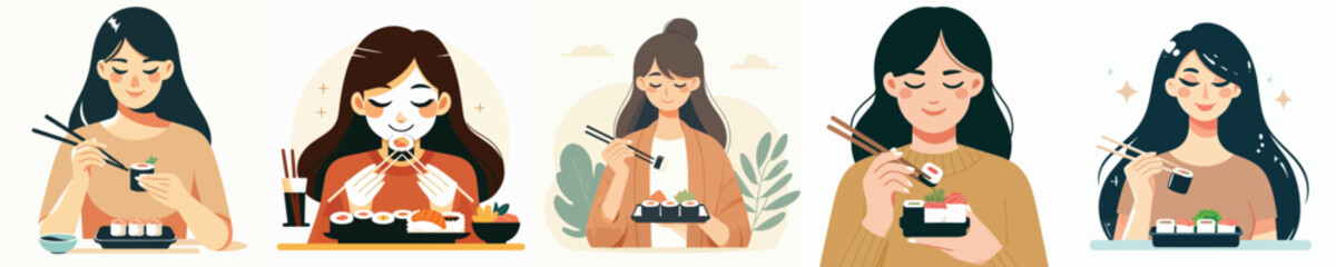 Obraz premium vector character woman eating sushi