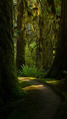 Obraz premium Enchanted Forest Path Moss-Draped Trees and Sunlit Trail