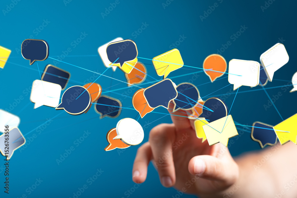Poster Hand interacts with a network of colorful speech bubbles, symbolizing global communication and connection.