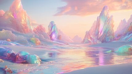 A pastel, iridescent landscape with crystalline formations.