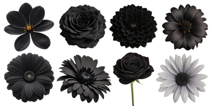 Black flowers in various styles and shapes, showcasing unique textures and details, perfect for elegant designs and artistic projects - Powered by Adobe