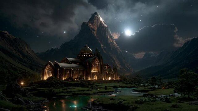 elegance otherworldly  a big elven castle fantasy theme  under celestial sky at night, light glow from windows