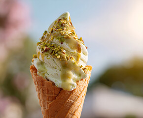 Pistachio gelato cone with sauce and nuts