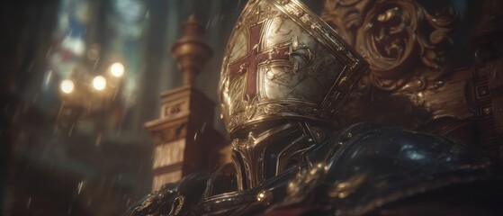 Obraz premium Dramatic Papal Mitre on Ornate Throne Religious Symbol Cinematic Lighting High Detail