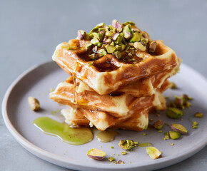 Pistachio drizzle waffles with crunchy toppings