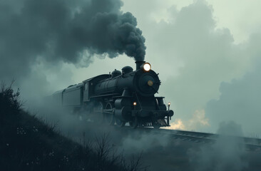 Minimalist Monochrome Train Scene with Fog and Motion