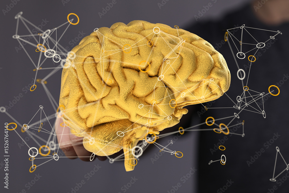 Poster Abstract image of a golden brain with connected nodes, symbolizing AI, neural networks, and intelligence.