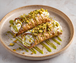 Pistachio drizzle cannoli with creamy filling