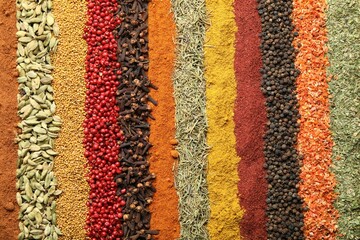 Many different spices as background, top view