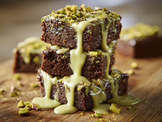 Pistachio drizzle brownie stack with crushed nuts