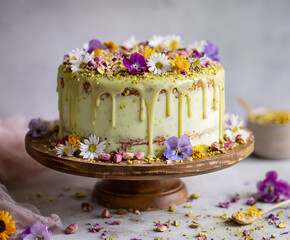 Pistachio drizzle cake with edible flowers