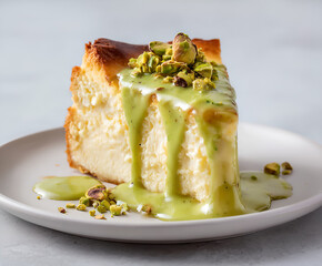 Pistachio drizzle on creamy Basque cheesecake
