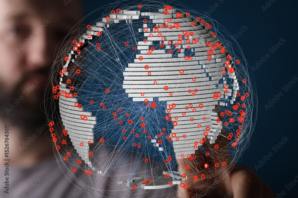 Fototapete A 3D model of Earth showcasing interconnected data points, ideal for illustrating global networks, communication, or data visualization.