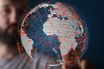 A 3D model of Earth showcasing interconnected data points, ideal for illustrating global networks,...