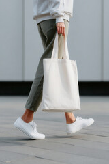 fashionable person carrying ecobag in modern urban setting emphasizing sustainability and style