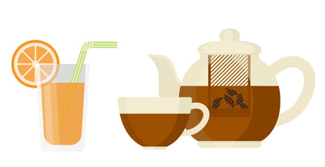 Orange juice and hot tea with teapot illustration