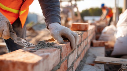 A construction worker in a safety vest and gloves laying red bricks with precision, using a trowel to spread mortar, partially built wall in the background, cement bags and tools nearby, sunlit constr