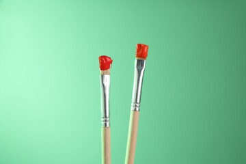 Two brushes with color paints on light green background, closeup