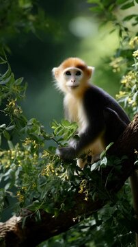 Red-shanked douc langur sitting on a branch in lush foliage, featuring vibrant orange face and expressive, human-like eyes in natural setting