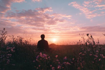 Serene Sunset Over a Relaxed Individual in a Field of Wildflowers with a Colorful Sky and Soft Light Creating a Peaceful Atmosphere