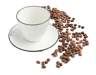 Ceramic cup with roasted coffee beans isolated on white