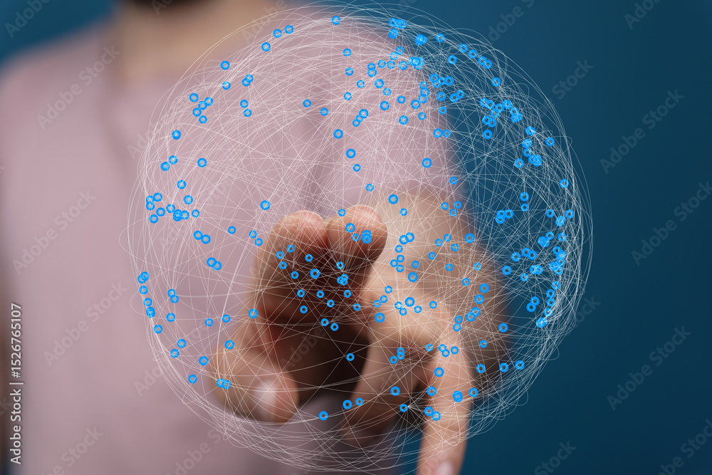 Poster Abstract image of a hand interacting with a digital sphere representing global network connections.