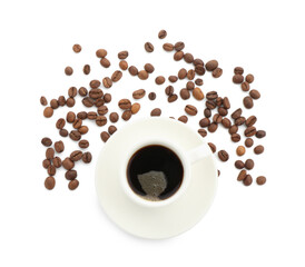 Aromatic coffee in cup and beans isolated on white, top view