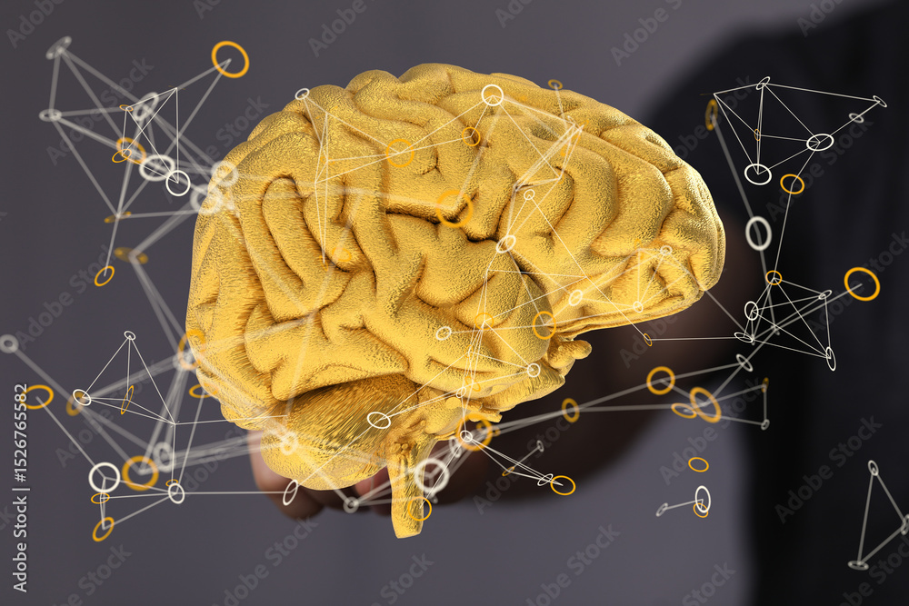 Fototapete Abstract image of a golden brain with connecting lines, representing neural networks and intelligence.