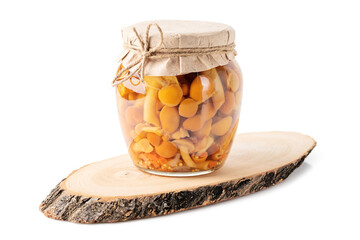 Jar of Pickled Honey Mushrooms with Craft Paper Lid on Wooden Stand, Isolated on White