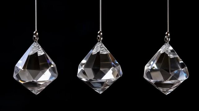 Crystal pendulum motion: faceted prisms swinging against black background in slow motion