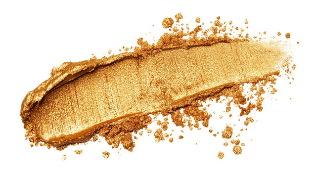 Smudge of golden bronzer with shimmer particles, makeup texture, top-down PNG on white
