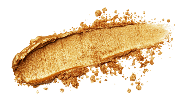 Smudge of golden bronzer with shimmer particles, makeup texture, top-down PNG on white
