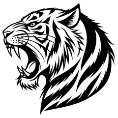 Roaring Tiger Head Vector Illustration Black and White Tribal Style. Black and white vector illustration of a tiger head in profile.