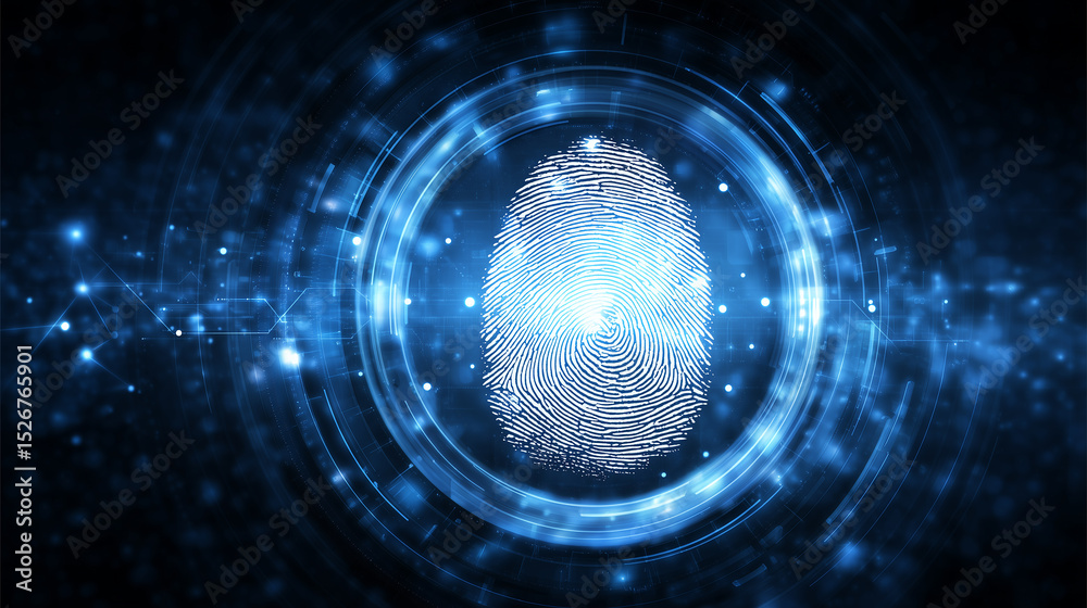 Poster digital fingerprint technology concept showcasing verification and security in a futuristic environm