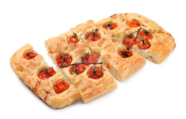 Cut delicious focaccia with tomatoes and spices isolated on white