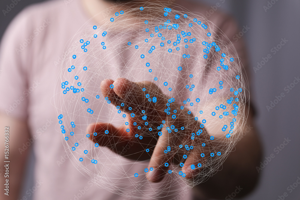 Leinwandbilder Abstract image of a hand interacting with a digital global network.  Perfect for tech, connection, and global concepts.