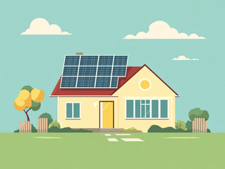 Naklejka premium An animated illustration of a suburban house with solar panels on its roof, surrounded by lush green trees and a bright, cloudy sky, symbolizing sustainable living.