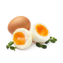 Soft boiled eggs with microgreens on white background